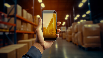 Closeup of man hands using mobile phone in warehouse, white screen, mockup, with industry background. logistic wholesale storehouse, Online shopping concept. - Powered by Adobe