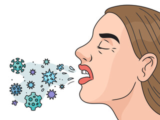 Woman sneezes germs diagram hand drawn schematic vector illustration. Medical science educational illustration