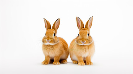 Couple of rabbits sitting next to each other on white background.