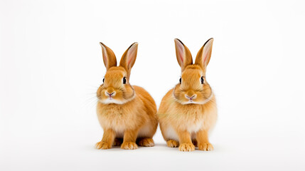 Obraz premium Couple of rabbits sitting next to each other on white background.