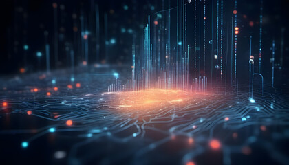 Big data technology and data science illustration. Data flow concept. Querying, analysing, visualizing complex information. Neural network for artificial intelligence. Data mining. Business analytics.
