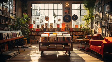 A vintage record store interior, showcasing shelves of vinyl records, vintage posters, and a retro turntable