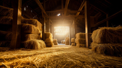 Dry hay stacks in rural wooden barn interior on the farm. - obrazy, fototapety, plakaty