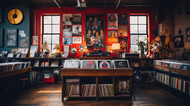 A vintage record store interior, showcasing shelves of vinyl records, vintage posters, and a retro turntable