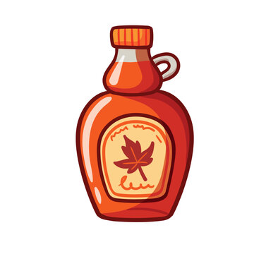 Maple syrup in a glass bottle on a white background.