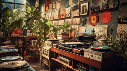 A vintage record store interior, showcasing shelves of vinyl records, vintage posters, and a retro turntable - obrazy, fototapety, plakaty
