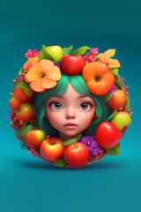 Fototapeta na wymiar Cute girl character designed with round flowers and fruit frame