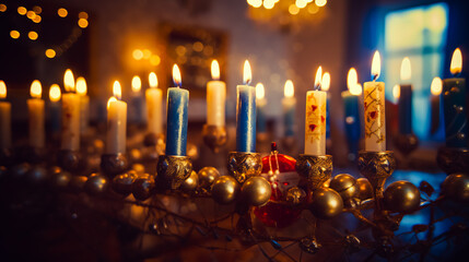 Family celebration of the jewish holiday Hanukkah at home.