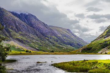 Steep -sided Glencoe Valley in Scottish Highlands is known for walking, hiking and waterfalls