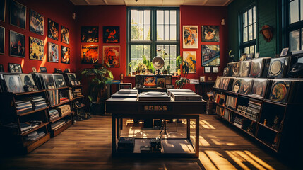 A vintage record store interior, showcasing shelves of vinyl records, vintage posters, and a retro...