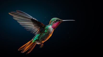 Flying hummingbird on transparent colored background.