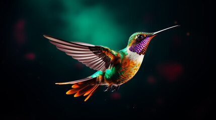 Flying hummingbird on transparent colored background.
