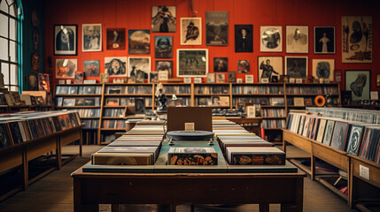 A vintage record store interior, showcasing shelves of vinyl records, vintage posters, and a retro turntable