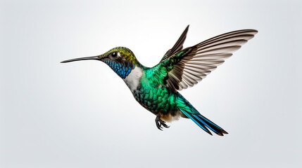 Fototapeta premium Flying hummingbird on transparent white background.