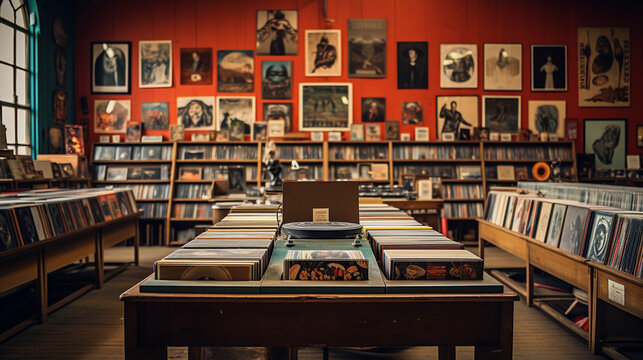 A vintage record store interior, showcasing shelves of vinyl records, vintage posters, and a retro turntable
