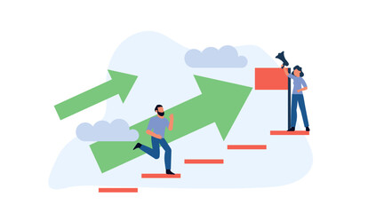 Male businessman climbs the stairs to take the flag. Business concept in process vector illustration