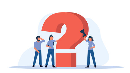 The man and the woman are thinking about problems. People and their questions concept vector illustration. Some of the people are looking at the question mark, while others are looking at each other.