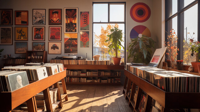 A vintage record store interior, showcasing shelves of vinyl records, vintage posters, and a retro turntable