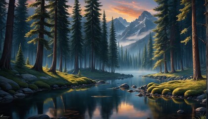 a beautiful shot of a river surrounded by trees and mountains under the bright sunsets beautiful shot of a river surrounded by trees and mountains under the bright sunsets beautiful sunset over a rive - obrazy, fototapety, plakaty