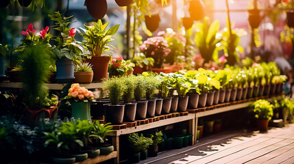 Garden shop under open air. Close up of a row of plants for landscape design are offered for sale.