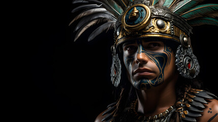 hombre águila guerrero azteca con traje ceremonial y fondo negro  - obrazy, fototapety, plakaty