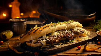Georgian cuisine - lulia kebab, with grilled onions, traditional Georgian cuisine, on bread.