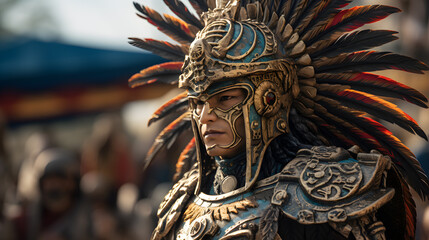 Guerrero azteca ataviado con vestimenta de hombre aguila  - obrazy, fototapety, plakaty