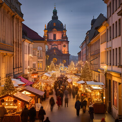 Dusk View of Christmas Market, Maria Chapel, and Falkenhaus in Oberer Markt, Wurzburg, Bavaria,...