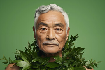 Generative AI image of old hispanic man with green leaves representing nature harmony