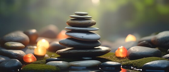 Minimalist tranquil meditation Zen garden with candles and stacked rock balancing stones art.
