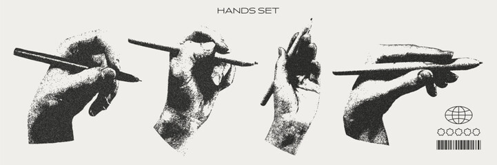 Hands hold pen. Retro photocopy effect. Trendy y2k elements for design. Grain effect and stippling. Vector dots texture.