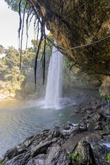 Fototapeta na wymiar Beautiful Misol-Ha waterfall in the jungle in Mexico.