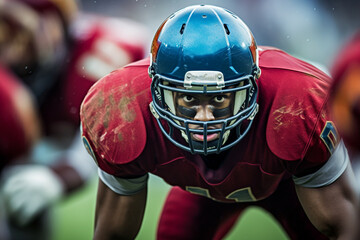 Generative AI illustration of portrait black man rugby player inside a stadium while looking at camera in blurred background