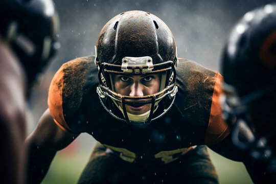 Generative AI illustration portrait of man rugby player inside a stadium while looking at camera in blurred background
