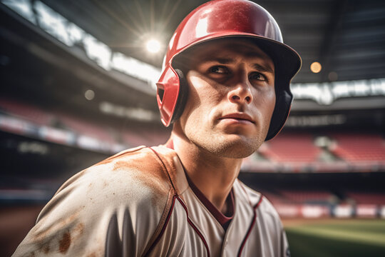 Generative AI illustration portrait of baseball player at the stadium while wearing a helmet and looking away in blurred background