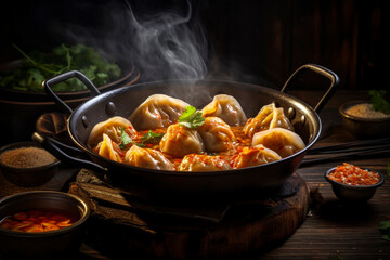 Generative AI illustration of rustic setting captures freshly steamed chinese dumplings nestled in a cast iron skillet placed on wooden table near bowls with different ingredients in blurred kitchen