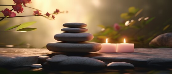 Minimalist tranquil meditation Zen garden with candles and stacked rock balancing  stones art.  - obrazy, fototapety, plakaty