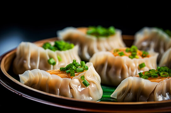 Generative AI illustration of close-up view of freshly steamed dumplings generously garnished with vibrant green scallions placed on circular pan against dark background