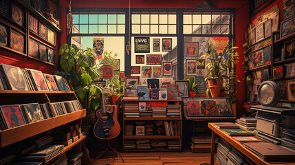 A vintage record store interior, showcasing shelves of vinyl records, vintage posters, and a retro turntable