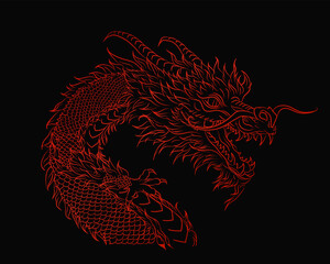 Fototapeta premium Red silhouette of outline dragon snake on black background. Gothic poster with Asian mythology reptile and zodiac astrology sign for t-shirts of tattoo
