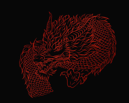 Red silhouette of outline dragon snake on black background. Gothic poster with Asian mythology reptile and zodiac astrology sign for t-shirts of tattoo