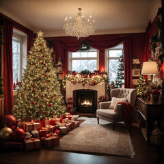 Fototapeta na wymiar Festive Family Christmas by Fireplace