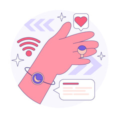 Wearable technology. Smart device. Character using electronic device to monitor, analyze and transmit personal data. Smartwatches. Flat vector illustration