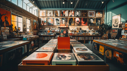 A vintage record store interior, showcasing shelves of vinyl records, vintage posters, and a retro turntable - obrazy, fototapety, plakaty
