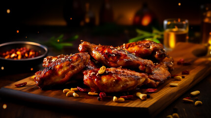 Grilled chicken wings with BBQ sauce and nuts. Healthy and tasty food concept.