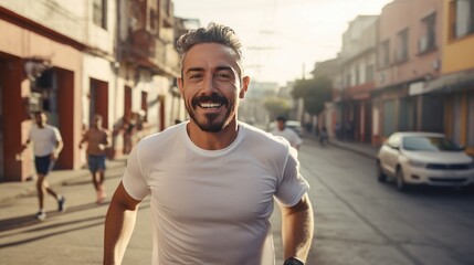 Mid adult Mexican man is jogging outside