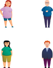 Overweight person icons set cartoon vector. Man and woman overweight. Obese, health problem