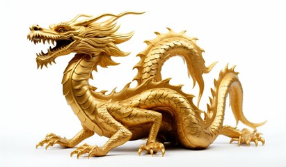Fototapeta na wymiar Majestic Golden Dragon Statue on White. Generative ai