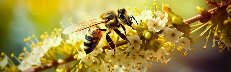 Zelfklevend Fotobehang Honey bee worker collecting pollen from blossom plants. macro shoot. © leo_nik