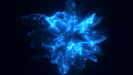 Small electric blue glowing particles shape a sci-fi sphere splash on black backdrop. Space futuristic vibrant and dark background 8k 16:9. Vibration of bundle of energy. Abstract molecules explosion - obrazy, fototapety, plakaty